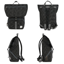 Black backpack shown from multiple angles on a white background