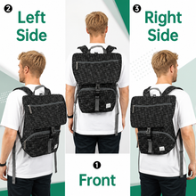 Black backpack worn by a person from multiple angles on a white background