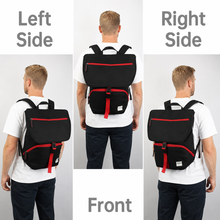 Black and red backpack shown from left, right, and front views on a gray background.
