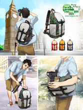 Illustrations of a person using a backpack with Big Ben in the background, along with various colored backpacks displayed.