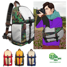 Camouflage backpack with a person holding a camera in a field, and four color variations of the backpack.