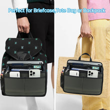 Grey tote bag organizer insert used in different bags: a black backpack and a woven straw tote bag, showing versatile fit