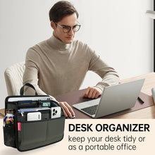Person sitting at a desk with a laptop and a desk organizer, with text promoting the desk organizer.