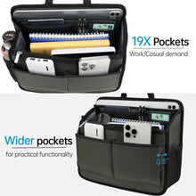 Organizer bag with multiple pockets containing office supplies on a white background