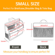 Dimensions of the small tote bag organizer insert, showing front and back views with measurements in cm and inches
