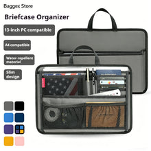 Briefcase organizer with compartments and accessories, shown open and closed on a white background.