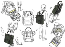 Illustrations of various bags and a person wearing them on a white background