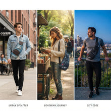 A three-panel lifestyle collage showing a men's crossbody sling bag in different casual settings. The left panel, labeled 'URBAN SPLATTER', shows a man wearing a light blue denim jacket and black pants with the bag in a city street setting.