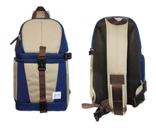 Two views of a backpack with blue and beige design on a white background
