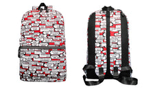 Backpack with text pattern on a white background