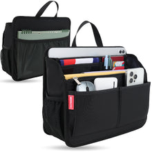 Black tote bag organizer insert with handle, showing front multi-pocket view and back mesh pocket view