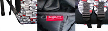 Close-up of a backpack with visible branding and design details.