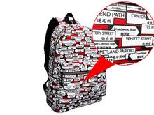 Backpack with street name design and放大镜显示局部细节